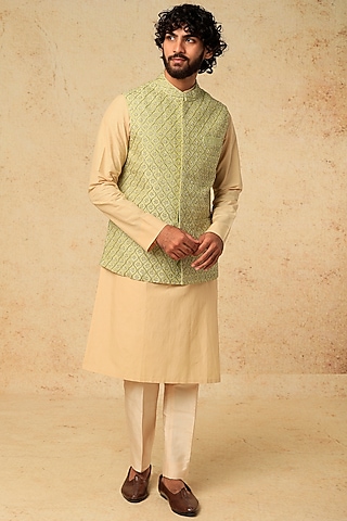 Pista Green Cotton Silk Bundi Jacket With Kurta Set by Mirroir Men