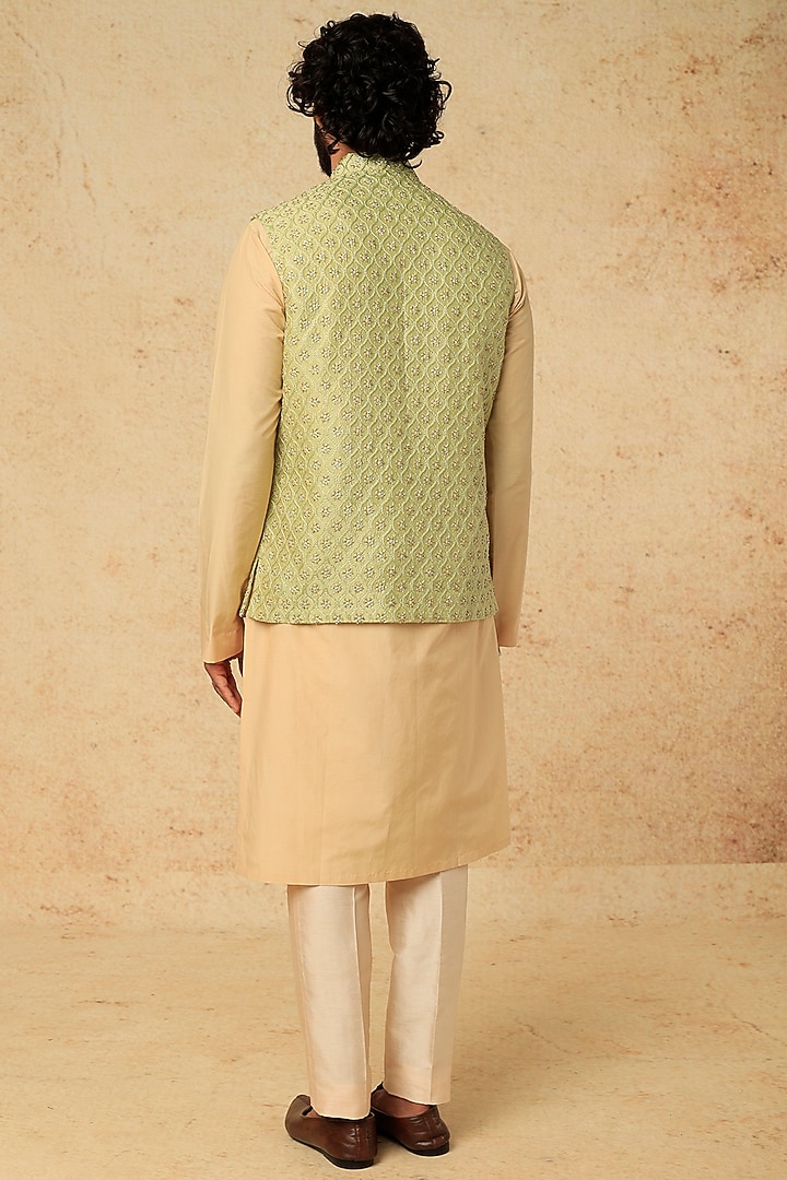 Pista Green Cotton Silk Bundi Jacket With Kurta Set by Mirroir Men at Pernia's Pop Up Shop