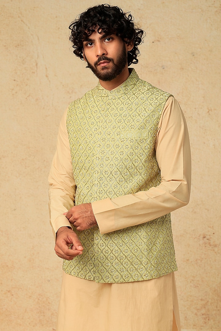 Pista Green Cotton Silk Bundi Jacket With Kurta Set by Mirroir Men at Pernia's Pop Up Shop
