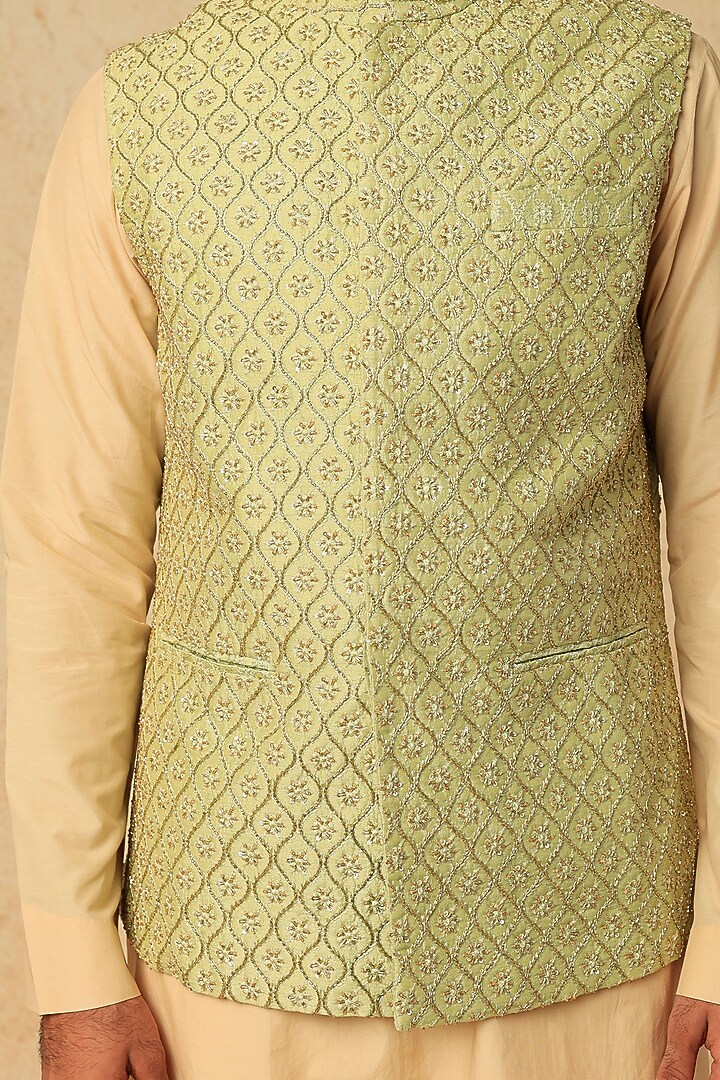 Pista Green Cotton Silk Bundi Jacket With Kurta Set by Mirroir Men at Pernia's Pop Up Shop