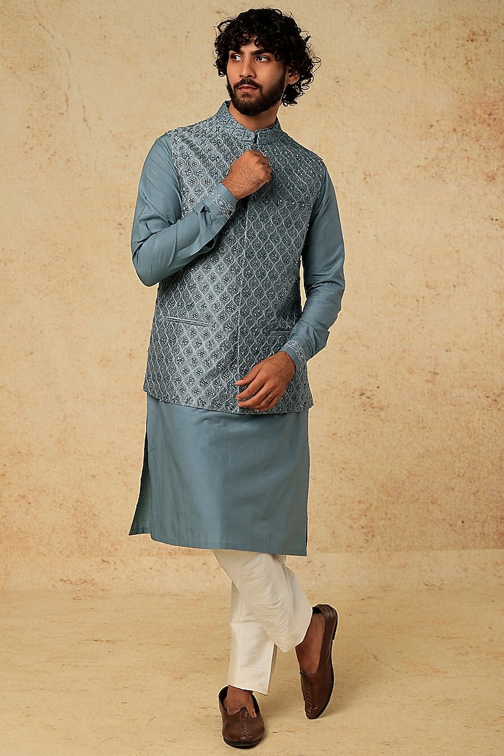 Dusty Blue Cotton Silk Bundi Jacket With Kurta Set by Mirroir Men