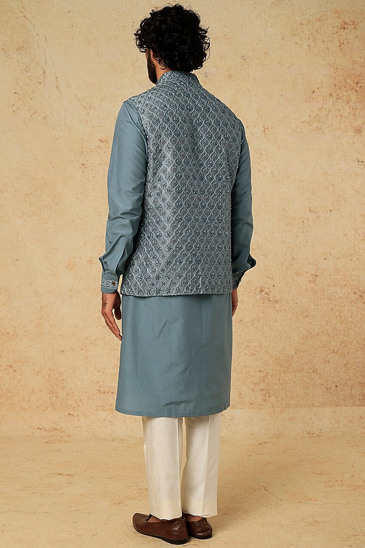 Dusty Blue Cotton Silk Bundi Jacket With Kurta Set by Mirroir Men at Pernia's Pop Up Shop