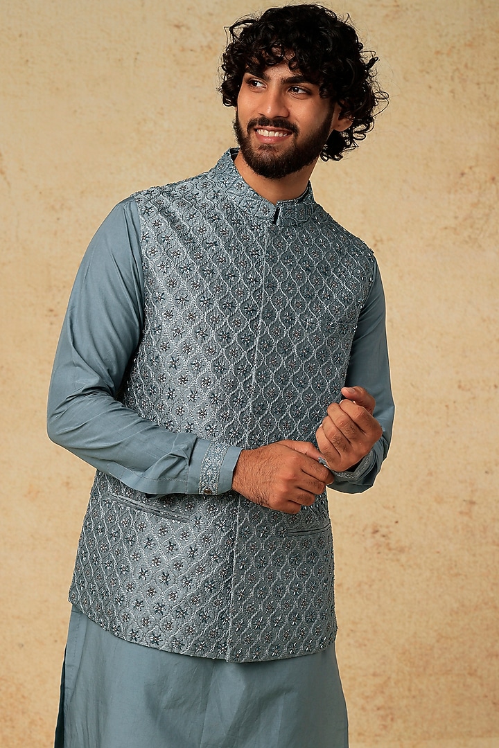 Dusty Blue Cotton Silk Bundi Jacket With Kurta Set by Mirroir Men at Pernia's Pop Up Shop