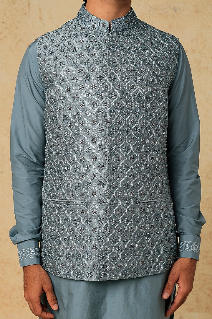Dusty Blue Cotton Silk Bundi Jacket With Kurta Set by Mirroir Men at Pernia's Pop Up Shop