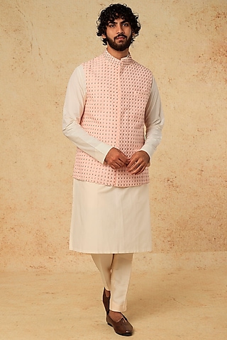 Baby Pink Cotton Silk Bundi Jacket With Kurta Set by Mirroir Men