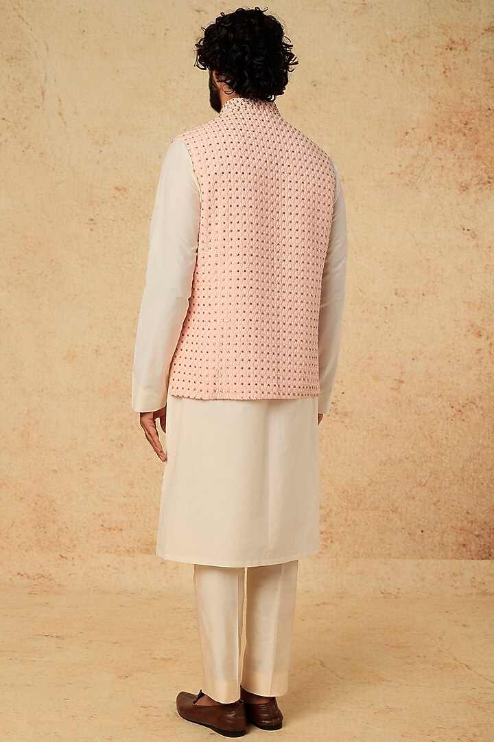 Baby Pink Cotton Silk Bundi Jacket With Kurta Set by Mirroir Men at Pernia's Pop Up Shop