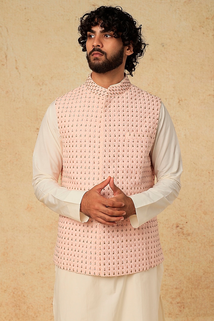 Baby Pink Cotton Silk Bundi Jacket With Kurta Set by Mirroir Men at Pernia's Pop Up Shop