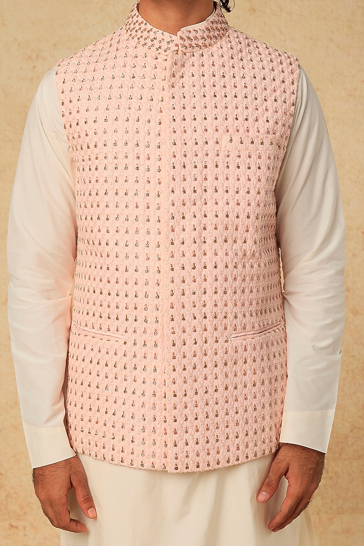 Baby Pink Cotton Silk Bundi Jacket With Kurta Set by Mirroir Men at Pernia's Pop Up Shop
