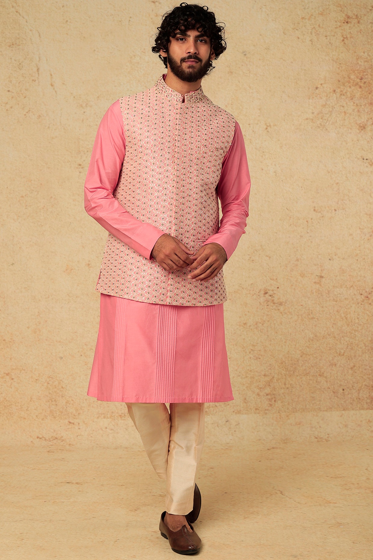 Powder Pink Raw Silk Embroidered Nehru Jacket With Kurta Set Design by  Seema Gujral Men at Pernia's Pop Up Shop 2024