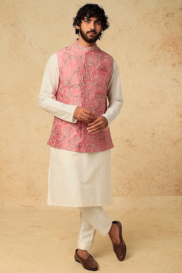 Rose Pink Cotton Silk Bundi Jacket With Kurta Set by Mirroir Men