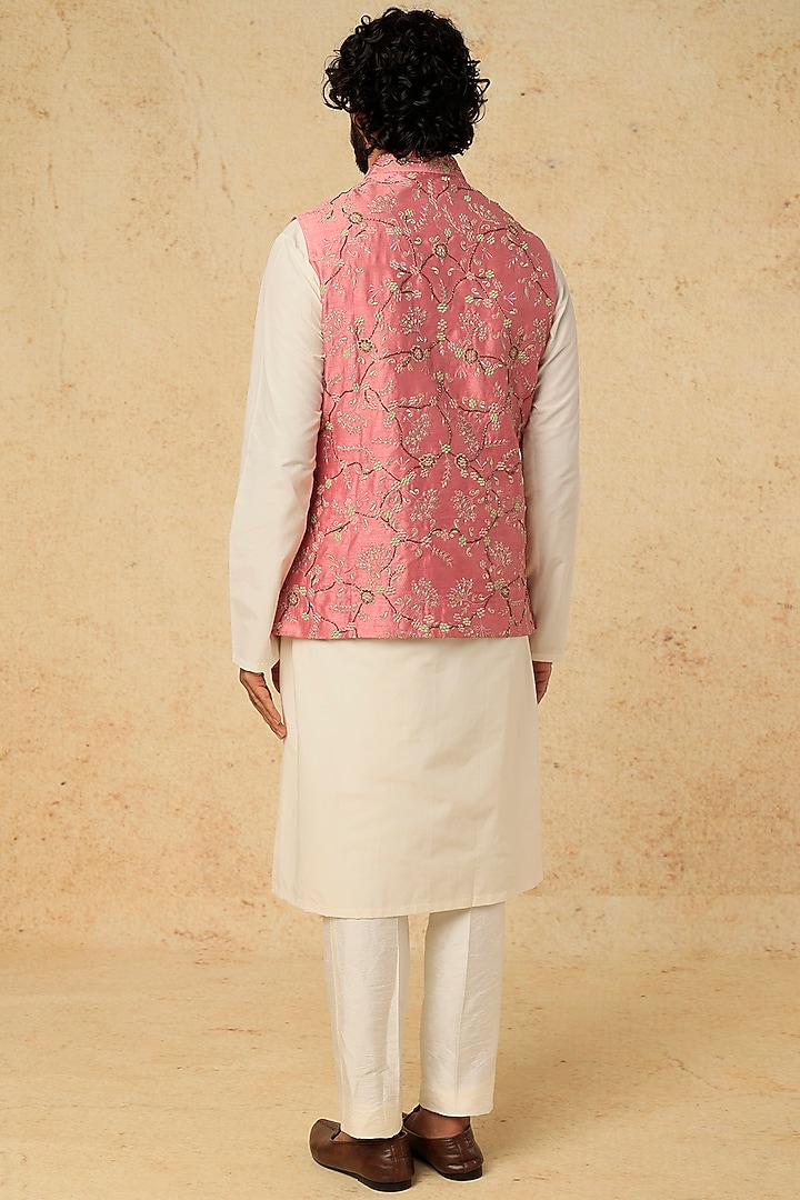 Rose Pink Cotton Silk Bundi Jacket With Kurta Set by Mirroir Men at Pernia's Pop Up Shop