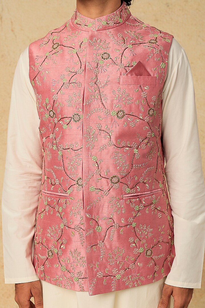 Rose Pink Cotton Silk Bundi Jacket With Kurta Set by Mirroir Men at Pernia's Pop Up Shop