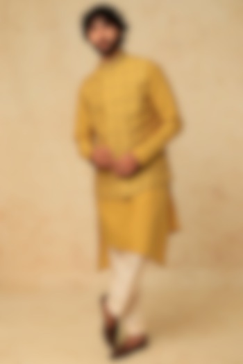 Mustard Cotton Silk Bundi Jacket With Kurta Set by Mirroir Men