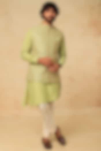 Mint Green Cotton Silk Bundi Jacket With Kurta Set by Mirroir Men