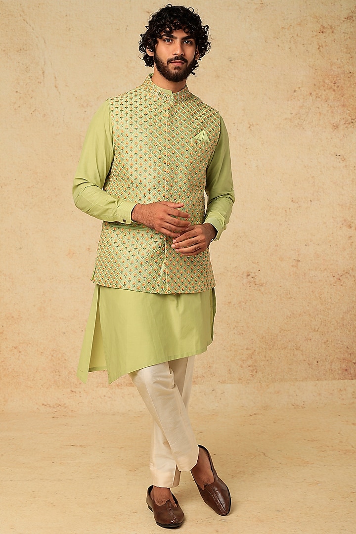 Mint Green Cotton Silk Bundi Jacket With Kurta Set by Mirroir Men