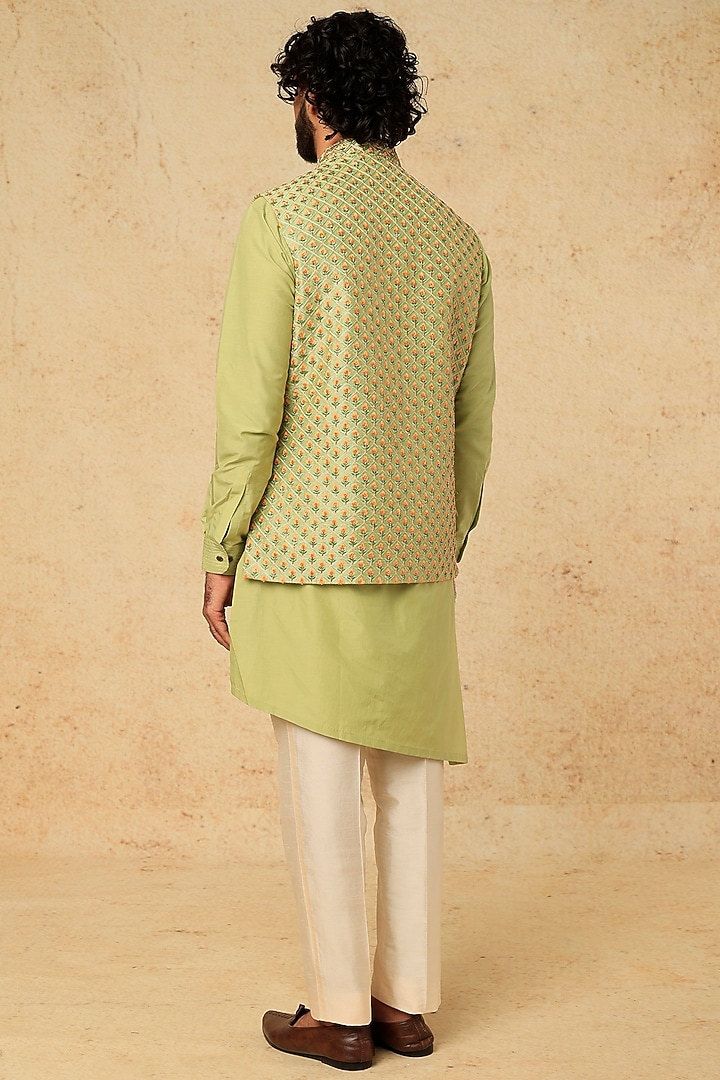 Mint Green Cotton Silk Bundi Jacket With Kurta Set by Mirroir Men at Pernia's Pop Up Shop