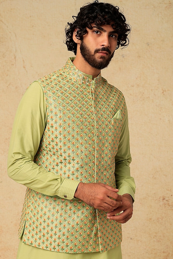 Mint Green Cotton Silk Bundi Jacket With Kurta Set by Mirroir Men at Pernia's Pop Up Shop