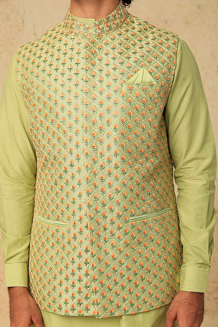 Mint Green Cotton Silk Bundi Jacket With Kurta Set by Mirroir Men at Pernia's Pop Up Shop