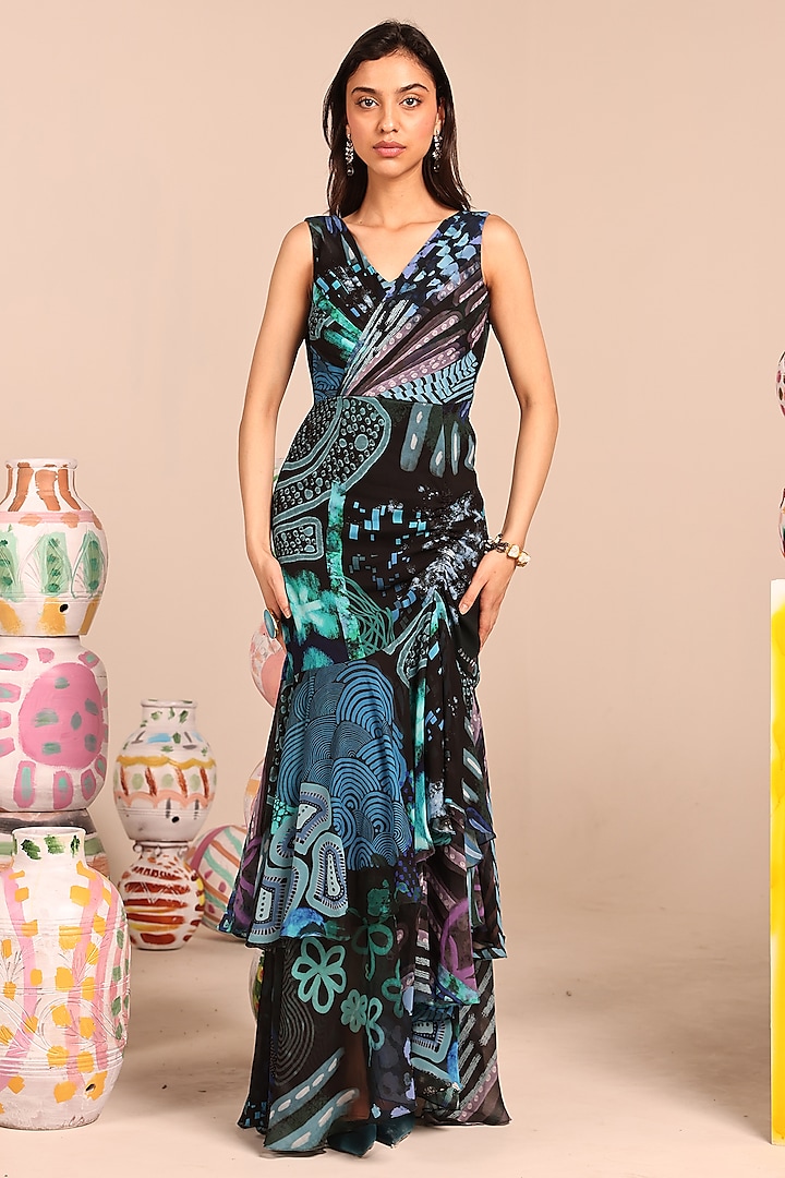 Black & Blue Georgette Digital Printed Maxi Dress by Marviza