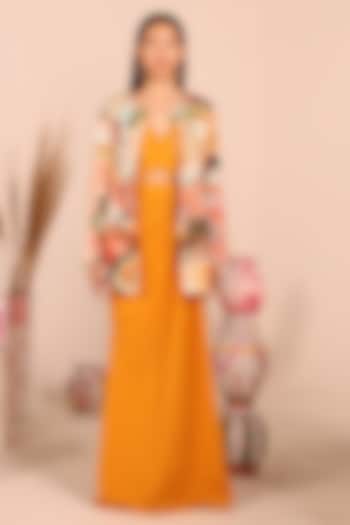 Mustard & Multi-Colored Neoprene Digital Printed Maxi Jacket Cocktail Dress by Marviza at Pernia's Pop Up Shop