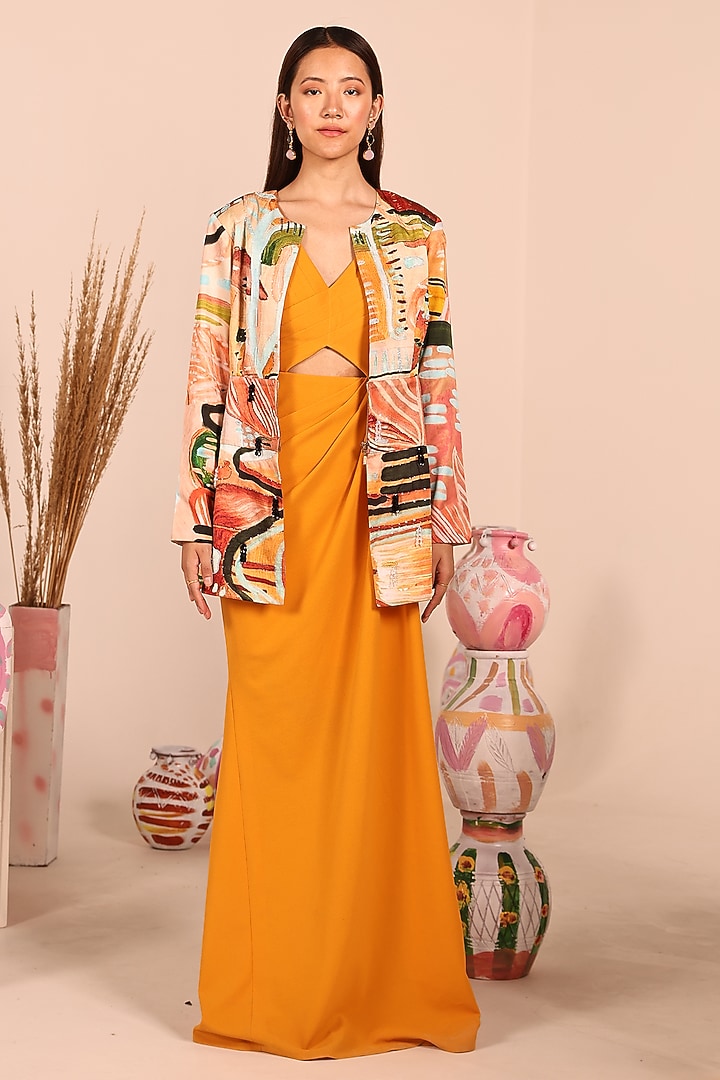 Mustard & Multi-Colored Neoprene Digital Printed Maxi Jacket Cocktail Dress by Marviza at Pernia's Pop Up Shop