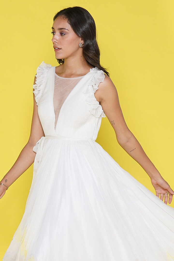 Ivory Organza Handpainted Midi Vacation Dress by Marviza at Pernia's Pop Up Shop