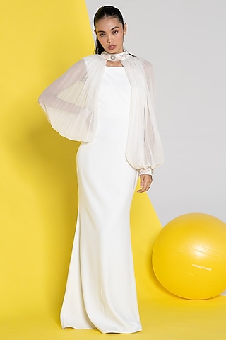 Ivory Neoprene & Chiffon Sequins Embroidered Gown by Marviza