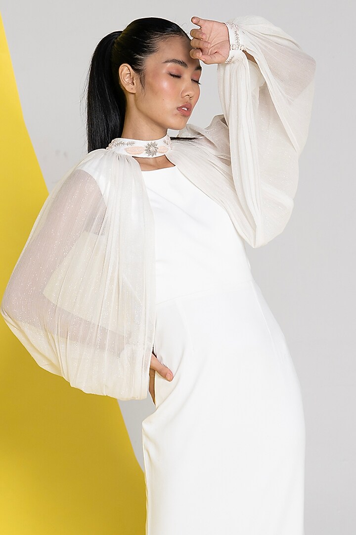 Ivory Neoprene & Chiffon Sequins Embroidered Engagement Gown by Marviza at Pernia's Pop Up Shop