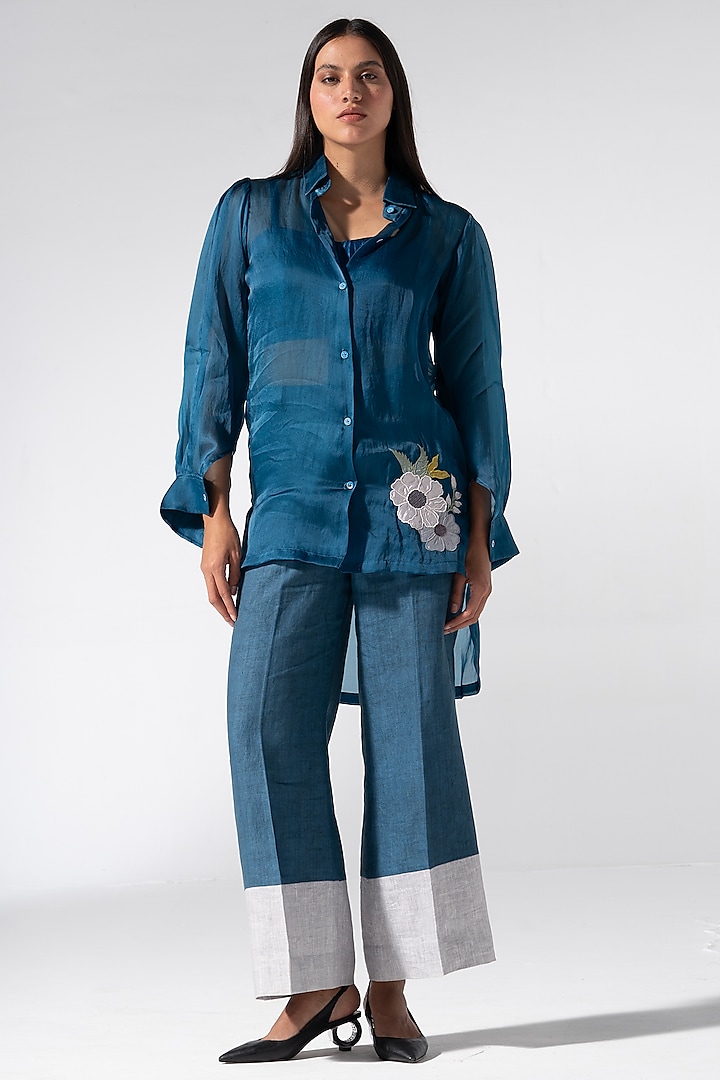 Teal Blue Satin Organza & Linen Applique Embroidered Co-Ord Set by Marviza