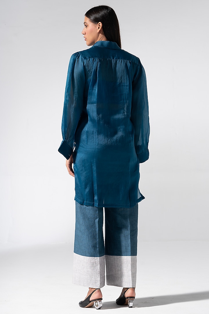 Teal Blue Satin Organza & Linen Applique Embroidered Co-Ord Set by Marviza at Pernia's Pop Up Shop