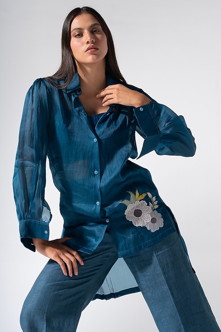 Teal Blue Satin Organza & Linen Applique Embroidered Co-Ord Set by Marviza at Pernia's Pop Up Shop