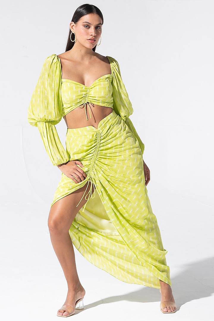 Green Crepe Silk Dhoti Skirt Set by Marviza