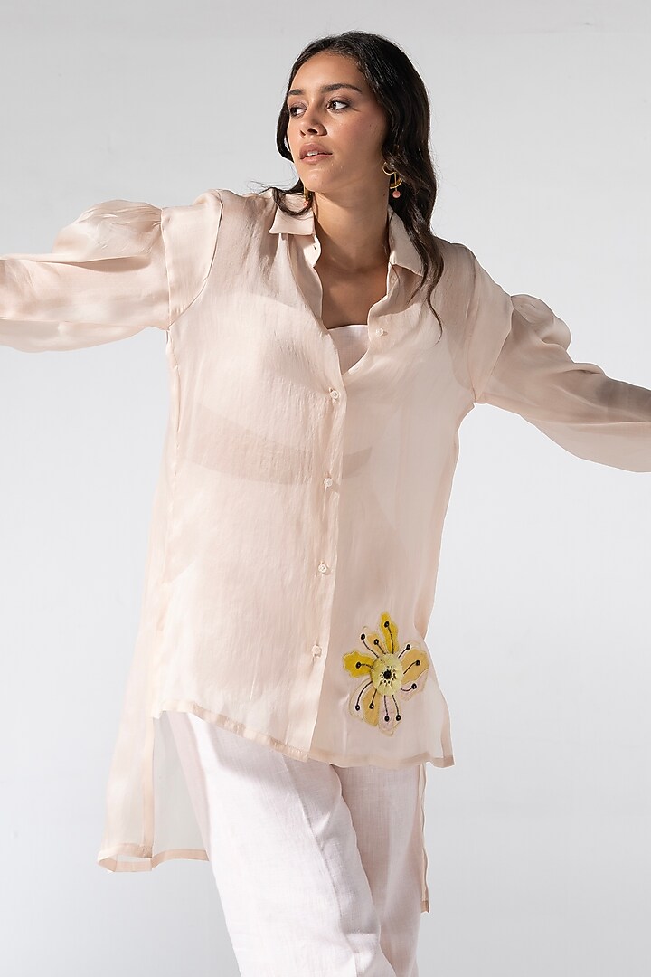 Peach Satin Organza & Linen Co-Ord Set by Marviza at Pernia's Pop Up Shop