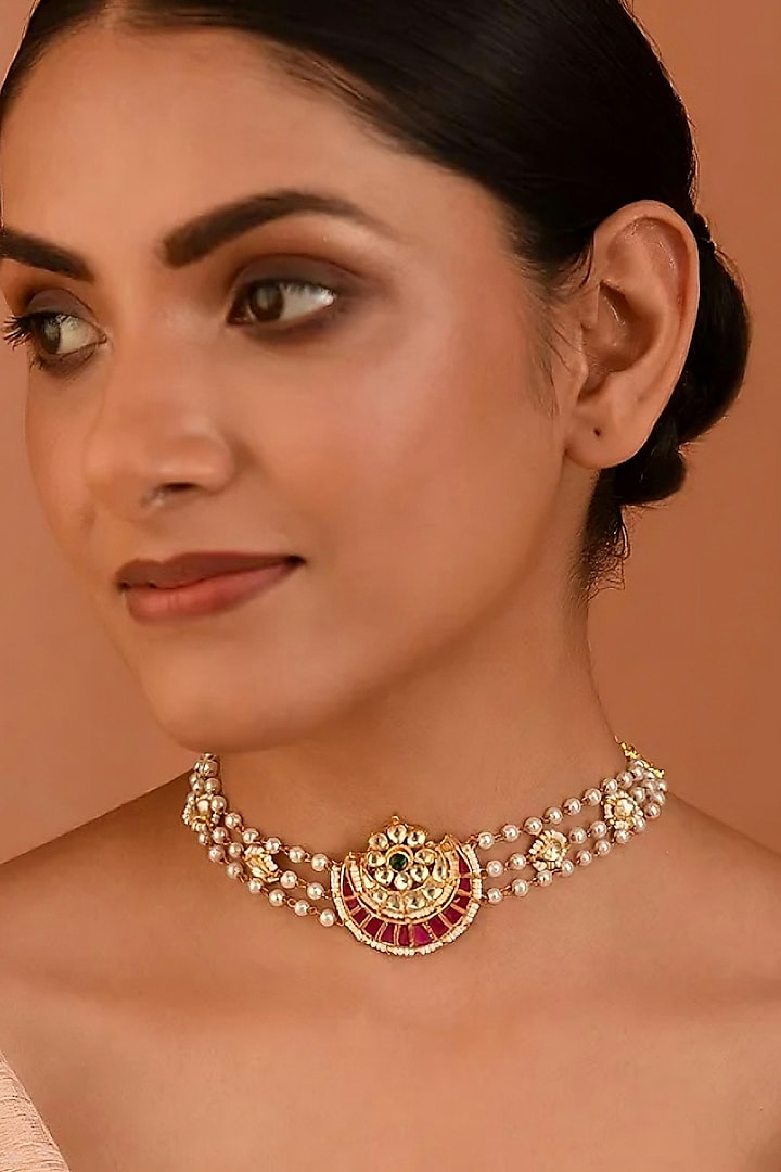 Gold Finish Kundan Polki & Pearl Choker Necklace by Maisara Jewelry