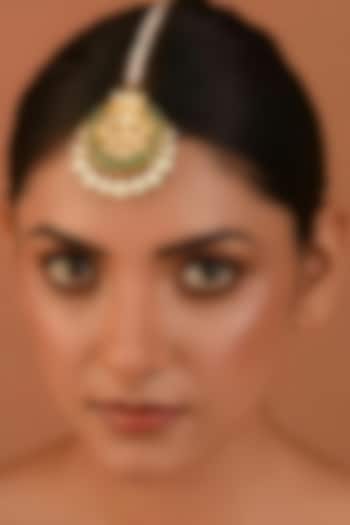 Gold Finish Maangtikka With Kundan Polki & Pearls by Maisara Jewelry at Pernia's Pop Up Shop