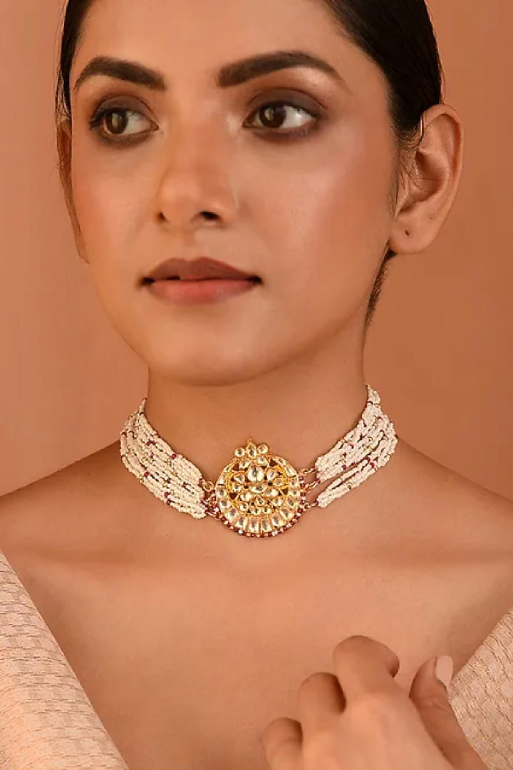 Gold Finish Jadau & Kundan Polki Choker Necklace by Maisara Jewelry at Pernia's Pop Up Shop