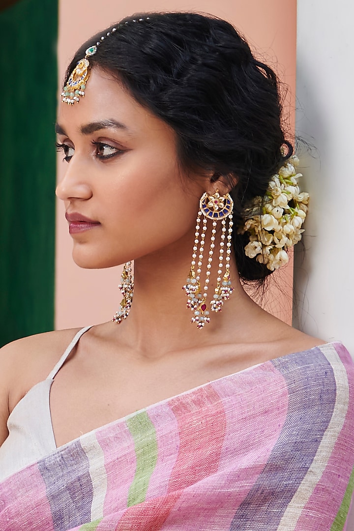 Gold Finish Indigo Kundan Polki & Pearl Dangler Earrings by Maisara Jewelry