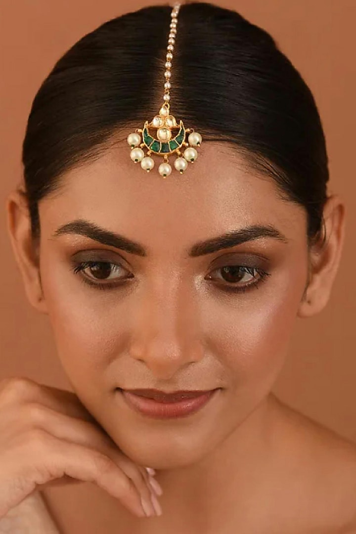 Gold Finish Copper Kundan Polki Maang Tikka  by Maisara Jewelry at Pernia's Pop Up Shop