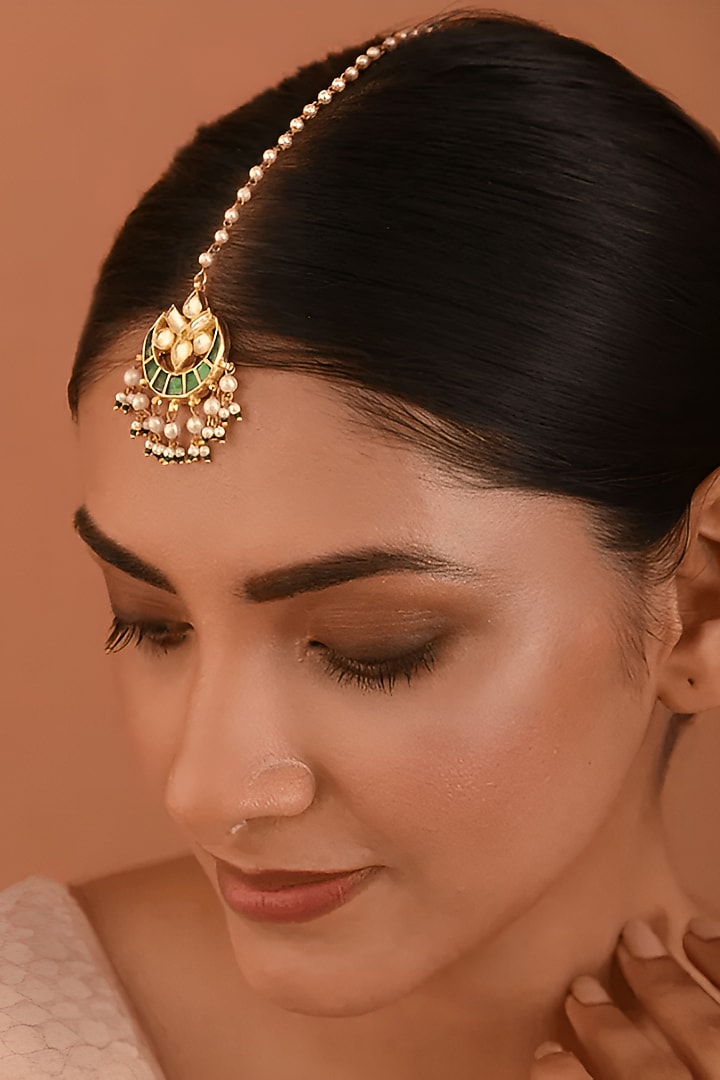 Gold Finish Copper Pearl Maang Tikka by Maisara Jewelry at Pernia's Pop Up Shop