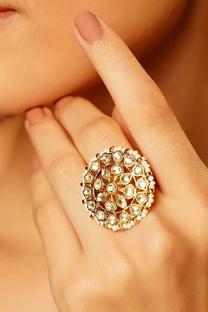 Gold Finish Pearl & Kundan Polki Ring by Maisara Jewelry at Pernia's Pop Up Shop