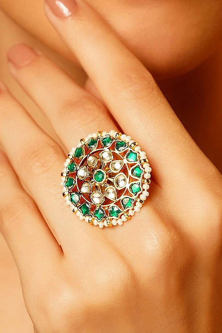 Gold Finish Kundan Polki Ring by Maisara Jewelry