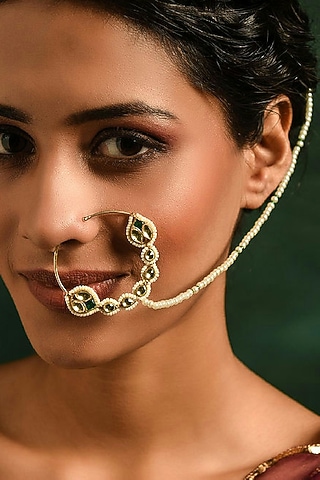 Gold Finish Kundan Nose Ring by Maisara Jewelry