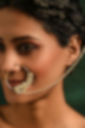 Gold Finish Kundan Polki & Pearl Nose Ring by Maisara Jewelry at Pernia's Pop Up Shop