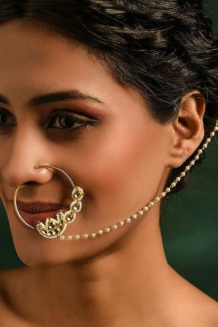 Gold Finish Kundan Polki & Pearl Nose Ring by Maisara Jewelry at Pernia's Pop Up Shop