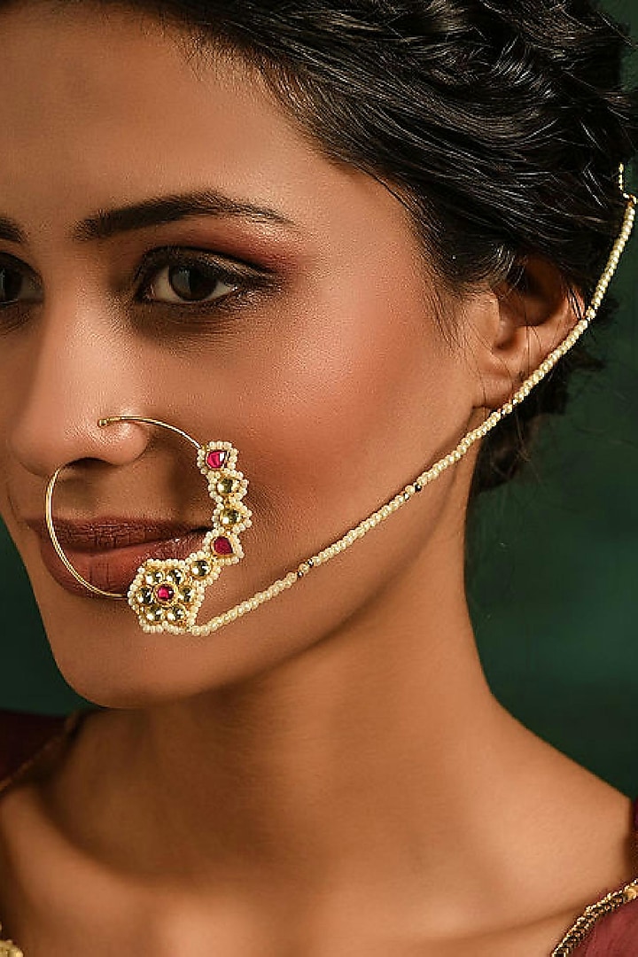 Gold Finish Nose Ring With Pearls by Maisara Jewelry
