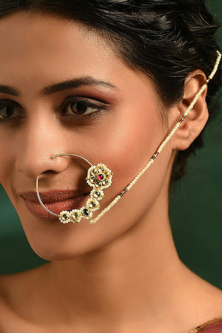 Gold Finish Nose Ring With Pearl by Maisara Jewelry