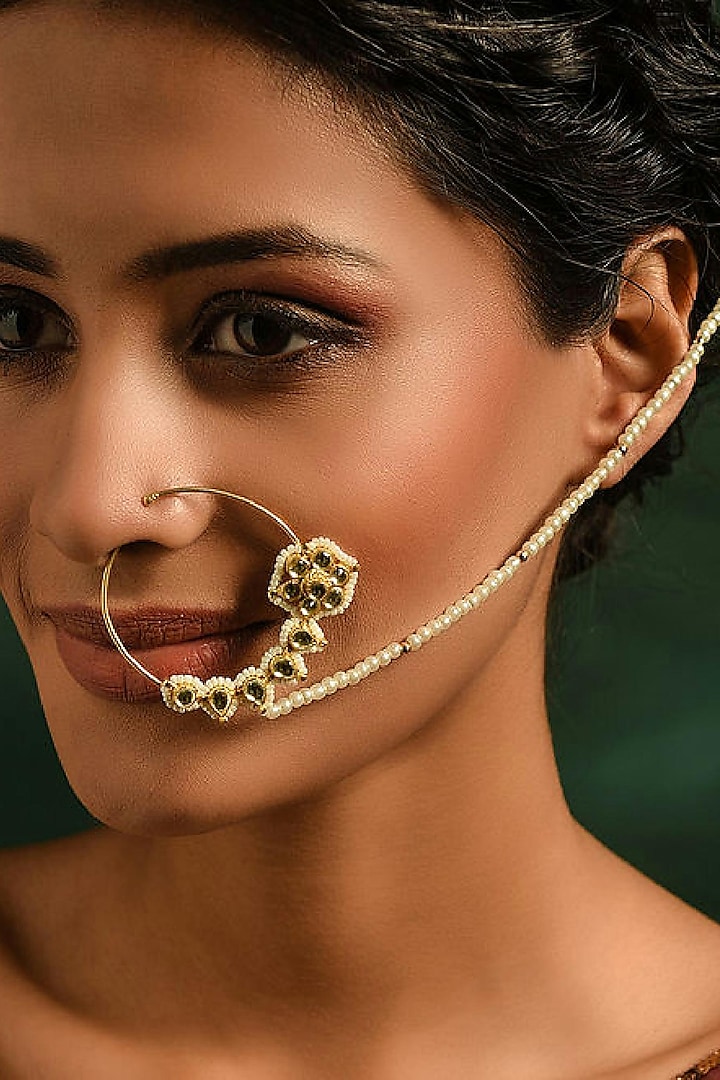 Gold Finish Kundan Nose Ring by Maisara Jewelry