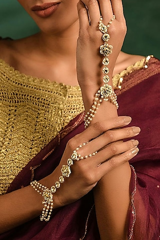 Gold Finish Kundan Polki Haath Phool (Set of 2) by Maisara Jewelry
