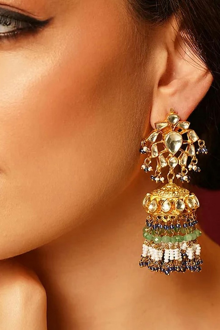 Gold Finish Kundan Polki & Pearl Dangler Earrings by Maisara Jewelry