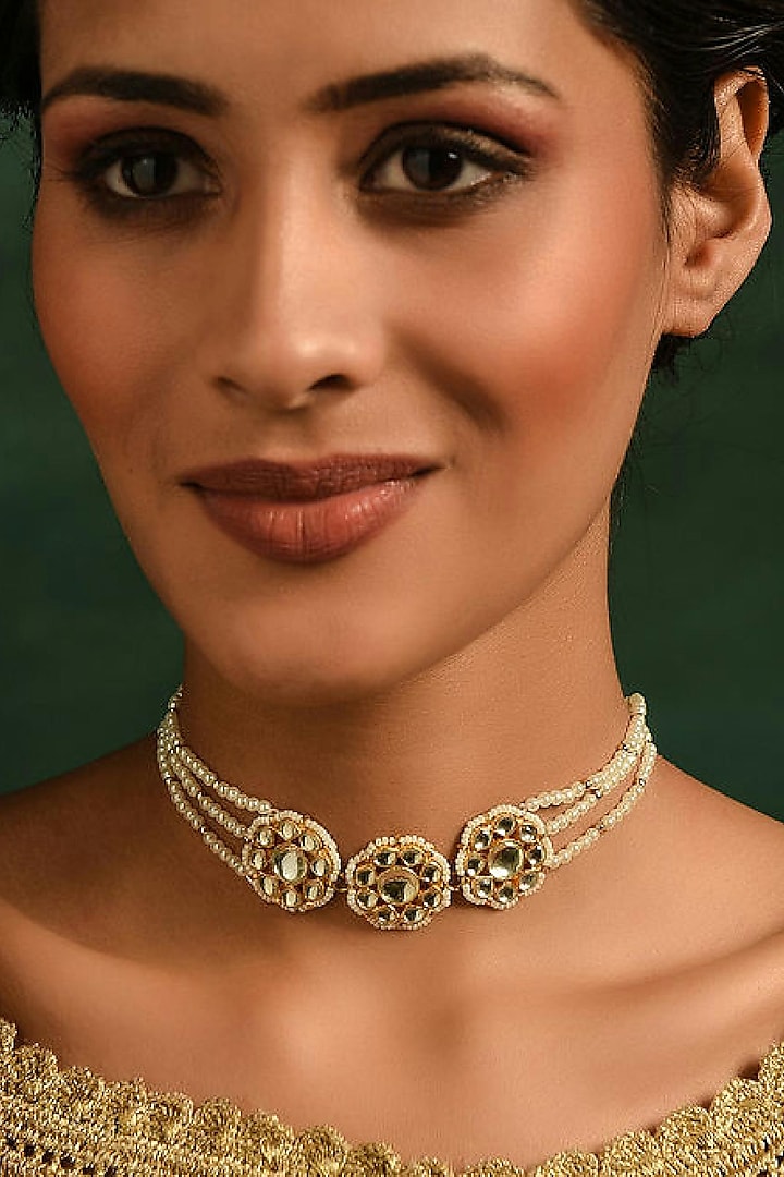 Gold Finish Kundan Polki & Pearl Choker Necklace by Maisara Jewelry